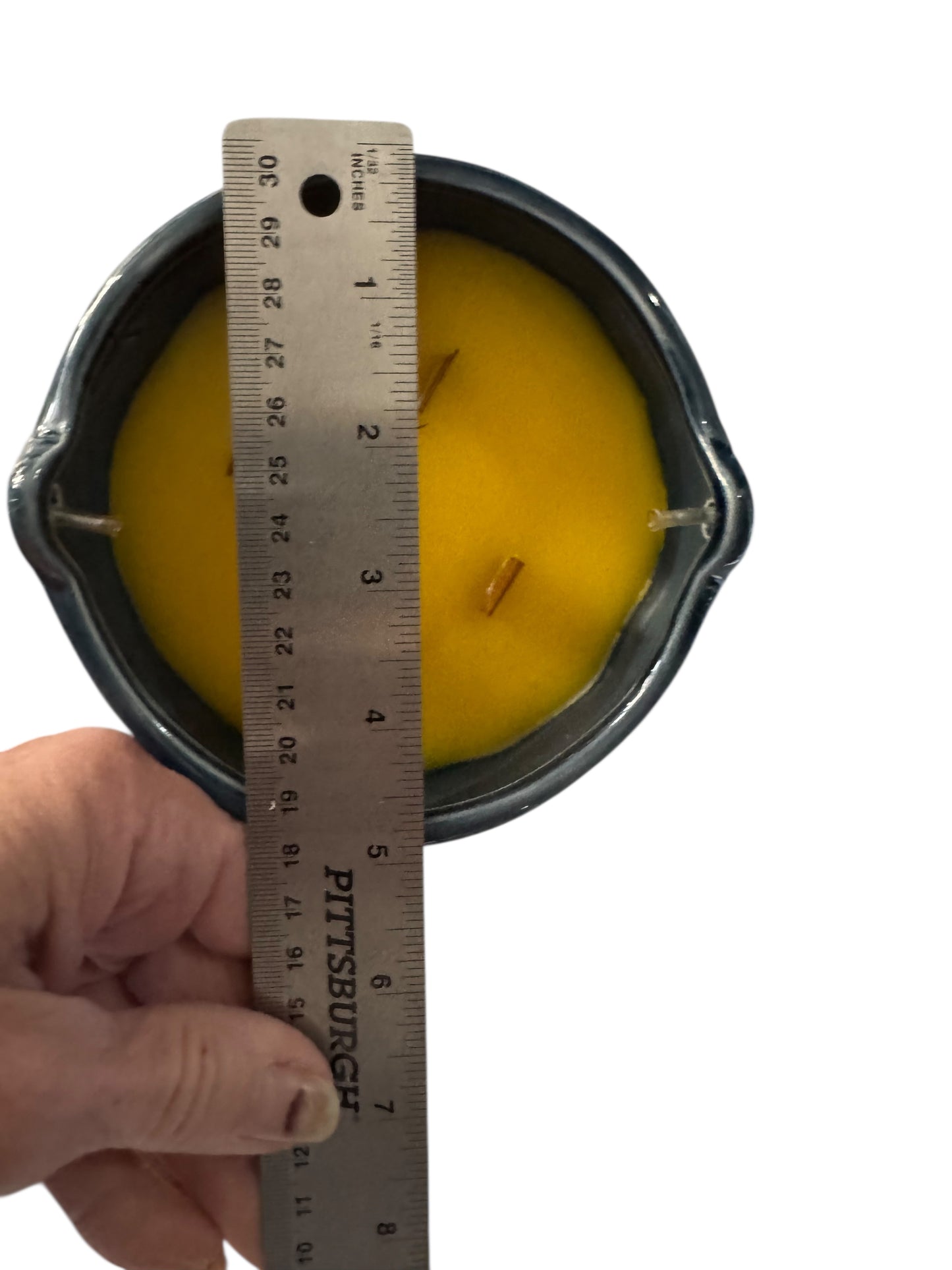 Handmade Rays of Sunshine Candle, 18 fl oz, Repurposed Glazed Pottery Vessel with Handle, Yellow