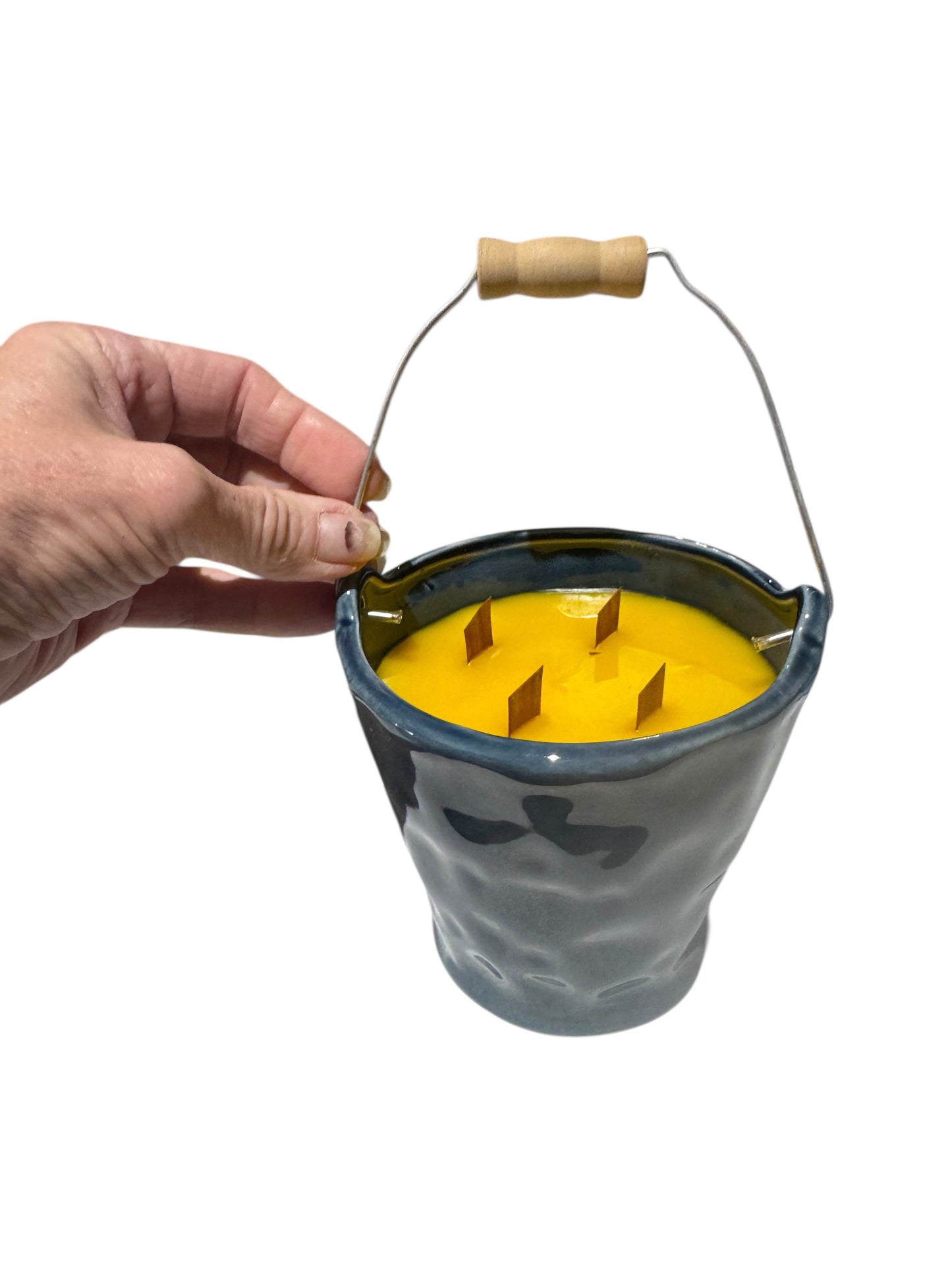 Handmade Rays of Sunshine Candle, 18 fl oz, Repurposed Glazed Pottery Vessel with Handle, Yellow