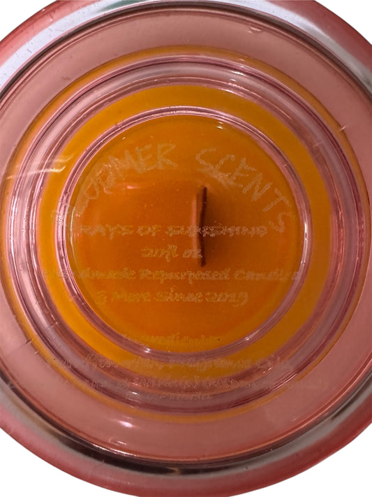 Handmade Rays of Sunshine Candle, Repurposed Pink Dimple Canning Jar, 20 fl oz