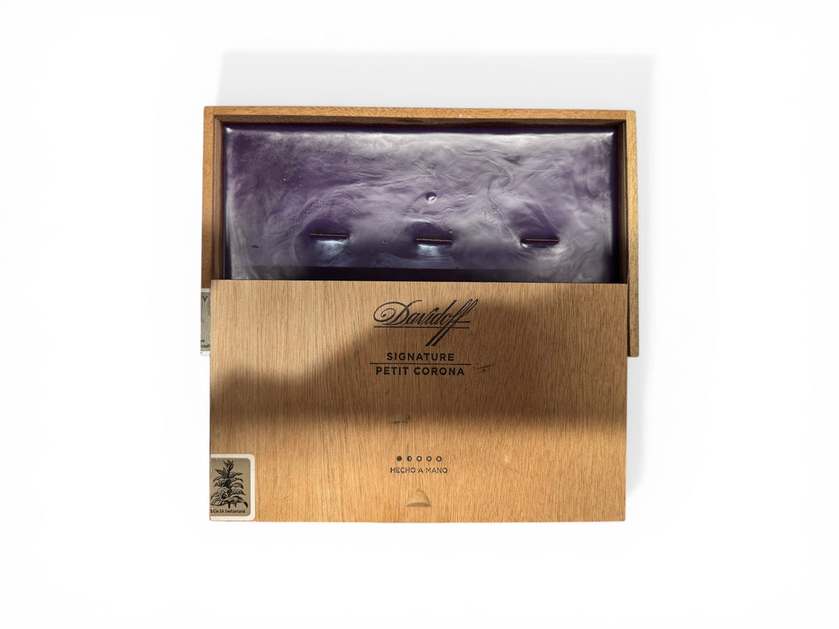 Sierra Rosette Handmade Candle in Repurposed Wooden Cigar Box, Purple, 3-Wick, 24 fl oz