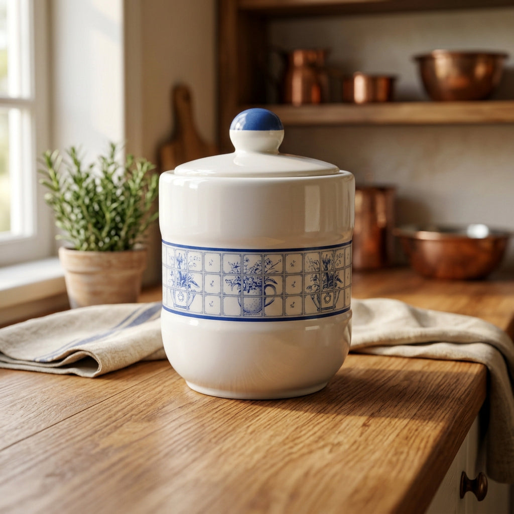 White ceramic jar with blue decorative patterns on a white background