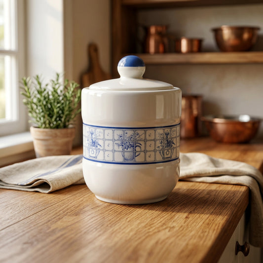 White ceramic jar with blue decorative patterns on a white background